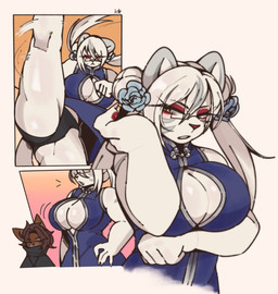 accessory anthro biceps big_breasts big_butt blue_clothing blue_topwear blush bottomwear bouncing_breasts breasts butt cleavage clothed clothing eyelashes eyewear female flower flower_in_hair fur glasses hair hair_accessory hand_on_hip huge_breasts kick looking_at_viewer muscular muscular_anthro muscular_female open_mouth plant raised_leg simple_background solo stripes tail thick_thighs tied_hair topwear twintails_(hairstyle) white_body yellow_eyes hachikxma felid mammal pantherine tiger digital_media_(artwork) hi_res