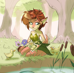 anthro bracelet female feral flower forest grass green_eyes group hair happy jewelry lake leaf leaf_clothing light lying_on_ground on_ground plant short_hair smile solo sunlight tree water selinaeagle activision spyro_the_dragon elora anatid anseriform avian bird duck faun faun_(spyro) 2023 digital_drawing_(artwork) digital_media_(artwork) hi_res