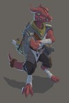 anthro armor artificer backpack bag bottle claws clothed clothing container crossbow green_eyes horn male ranged_weapon red_body red_scales scales simple_background solo tools weapon weapon_on_back scuotivento kobold reptile scalie digital_media_(artwork) hi_res