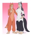 barefoot clothed clothing duo feet fully_clothed fur grey_body grey_fur holding_each_other kigurumi laugh male no_shoes onesie orange_body orange_fur standing toes white_body white_fur narusewolf dreamworks helluva_boss the_bad_guys diane_foxington loona_(helluva_boss) canid canine canis fox human humanoid mammal wolf hi_res