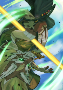 abs anthro black_sclera countershading fur green_eyes grin male slim small_waist smile solo staff striped_body striped_fur stripes wind ka_ramono lifewonders tokyo_afterschool_summoners seth_(tas) canid canine canis jackal mammal hi_res