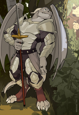 anthro armor hiding male melee_weapon plate_armor polearm solo spear weapon big_wada mythology zaxpherose dragon mythological_creature mythological_scalie scalie hi_res