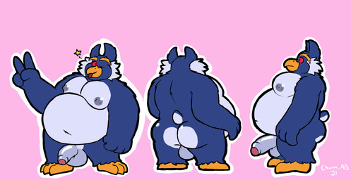 anthro eyebrows feather_tuft feathers flaccid genitals gesture hand_gesture looking_at_viewer male nipples nude one_eye_closed overweight overweight_anthro overweight_male penis pink_background simple_background solo thick_eyebrows tuft v_sign wink winking_at_viewer charmcharmcharm pen-pen_(rawk-hawpper) avian bird crested_penguin penguin rockhopper_penguin hi_res model_sheet