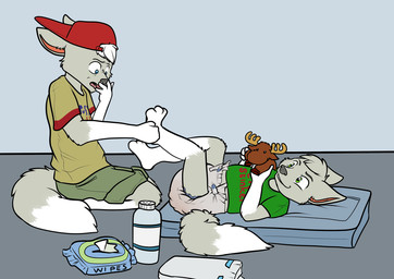 anthro backwards_cap backwards_hat clothed clothing diaper diaper_change duo feces hat headgear headwear male side_view soiled_diaper unclean_diaper used_diaper wearing_diaper young babystar caiden_smith canid canine canis mammal wolf digital_media_(artwork)