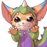 anthro bared_teeth claws clenched_fingers clothing costume dinosaur_costume looking_at_viewer male onesie solo standing teeth young young_anthro zipper xiao_langao league_of_legends riot_games tencent gnar_(lol) yordle 1:1 hi_res