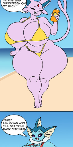 4_toes 5_fingers anthro balls barefoot big_balls big_breasts big_bulge big_penis bikini breasts bulge clothing curvy_figure dialogue duo feet female female_anthro fingers flaccid genitals gynomorph huge_breasts intersex lifeguard one-piece_swimsuit penis speech_bubble swimwear text thick_thighs toes two-piece_swimsuit voluptuous chudnari nintendo pokemon eeveelution espeon generation_1_pokemon generation_2_pokemon pokemon_(species) vaporeon absurd_res comic english_text hi_res