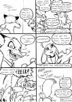 2016 anthro black_and_white buckteeth canid canine clothed clothing comic dialogue disney duo ears_back ears_down eating english_text eric_schwartz eyes_closed female food fox grin half-closed_eyes hi_res judy_hopps lagomorph laugh leporid male male/female mammal monochrome narrowed_eyes nick_wilde open_mouth pivoted_ears pounce predator/prey rabbit red_fox sandwich_(food) sharp_teeth simple_background smile sound_effects teeth text true_fox white_background zootopia