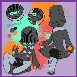 black_stripes border clothing glistening glistening_eyes grey_body legwear male one_eye_closed purple_border rear_view smile solo stripes tights wink neon_dontlook nintendo pokemon fan_character beheeyem generation_5_pokemon humanoid pokemon_(species) 1:1 model_sheet