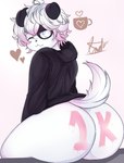 anthro big_butt black_clothing butt clothed clothing coffee_mug dog_tags dvalin_coffee female femboy fur hair_white heart_symbol male male/female partially_clothed solo tail thick_thighs white_body white_eyes white_fur dvalinarts canid canine mammal absurd_res hi_res