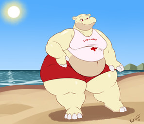 beach clothing lifeguard male overweight overweight_male seaside shirt smile solo sun tank_top text text_on_clothing text_on_shirt text_on_tank_top text_on_topwear topwear kazecat common_hippopotamus hippopotamid mammal