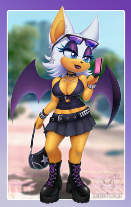 anthro belt boots bottomwear bracelet breasts cellphone cleavage clothed clothing collar ear_piercing ear_ring ear_stud electronics eyelashes eyewear eyewear_on_head female footwear green_eyes handbag jewelry midriff navel neck_tuft phone piercing ring_piercing shoes skirt solo spiked_collar spikes sunglasses sunglasses_on_head tan_body tuft wings metalpandora sega sonic_the_hedgehog_(series) rouge_the_bat bat mammal 2025