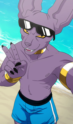 anthro beach beak blonde_hair bottomwear clothing eyewear gesture hair hand_gesture male nipples open_beak open_mouth purple_body selfie shorts smile solo sunglasses swimming_trunks swimwear v_sign water zimakum dragon_ball dragon_ball_super beerus domestic_cat felid feline felis humanoid mammal absurd_res hi_res
