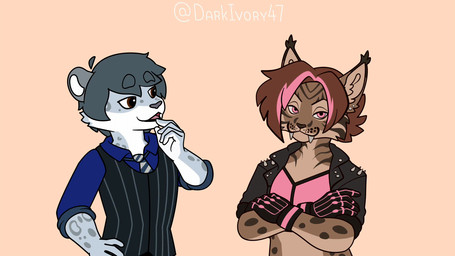 anthro black_clothing black_topwear black_vest blue_clothing blue_dress_shirt blue_shirt blue_topwear blush clothing crop_top crossed_arms duo fangs female flustered gloves hair hand_on_chin handwear jacket kissing leather leather_clothing leather_jacket leather_topwear male male/female necktie pink_clothing pink_crop_top pink_shirt pink_topwear rolled_up_sleeves sabertooth_(anatomy) shirt short_hair smile teeth topwear vest darkivory47 novus zaide_(ashkelling) felid feline lynx mammal pantherine snow_leopard 16:9 2d_animation animated loop widescreen