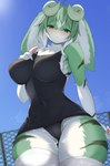 ahoge anthro big_breasts blush breasts butt butt_from_the_front camel_toe claws clothing curled_horn female female_anthro finger_claws fingers floppy_ears fluffy fur genital_outline green_body green_eyes green_fur green_hair hair half-closed_eyes horn kemono legwear long_ears looking_at_viewer lop_ears low-angle_view multicolored_body multicolored_fur multicolored_hair narrowed_eyes one-piece_swimsuit pawpads pussy_outline short_hair solo swimwear thick_thighs thigh_gap thigh_highs tight_clothing white_body white_fur white_hair wide_hips an_chobi94 hybrid lagomorph leporid mammal rabbit 2024 absurd_res digital_media_(artwork) hi_res