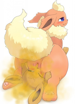 ambiguous_gender anus blue_eyes brown_body brown_ears brown_fur butt duo facesitting fart fart_fetish feet female female/ambiguous feral fur genitals pawpads paws red_body red_ears red_fur sitting_on_another soles stinkface straddling tan_body tan_fur toes vulva 3sthrees nintendo pokemon canid canine eevee eeveelution flareon generation_1_pokemon mammal pokemon_(species) hi_res