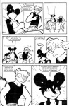 alex_(daria_mcgrain) anthro black_and_white comic daria_mcgrain dean_(daria_mcgrain) dialogue duo english_text genus_male hi_res male male/male mammal mephitid monochrome pen_(artwork) rodent sciurid skunk tail text traditional_media_(artwork) tree_squirrel