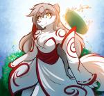 2017 adobe_photoshop_(artwork) amaterasu_(okami) anthro breasts canid canine canis capcom chest_tuft cleavage clothed clothing clover_studio colored conditional_dnp cosplay deity digital_media_(artwork) dress facial_markings female fire flower fully_clothed fur hair head_markings hi_res keidran long_hair looking_at_viewer mammal markings okami_(capcom) pink_nose plant raine_silverlock red_markings robe smile solo tom_fischbach tuft twokinds white_body white_fur wolf yellow_eyes