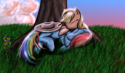 blonde_hair blue_body blue_feathers blue_fur brown_body brown_fur clothing cloud cowboy_hat detailed_background duo eyes_closed feathered_wings feathers female female/female feral flower fur grass hair hat headgear headwear lying multicolored_hair on_side outside plant rainbow_hair sleeping sunset tail tree wings wood leyanor friendship_is_magic hasbro my_little_pony mythology applejack_(mlp) rainbow_dash_(mlp) earth_pony equid equine horse mammal mythological_creature mythological_equine pegasus pony 2012 hi_res