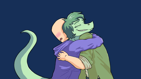 anthro bald blush blush_lines clothed clothed_anthro clothed_female clothed_human clothed_male clothing duo eyelashes eyes_closed female fingers freckled_face freckles green_body green_clothing green_hair green_jacket green_topwear hair happy hoodie hug human_on_anthro humanoid_hands interspecies jacket long_eyelashes male male/female purple_clothing purple_hoodie purple_topwear romantic romantic_couple short_hair side_view simple_background smile tail teeth topwear transparent_background sebek_fereh_ra cavemanon_studios i_wani_hug_that_gator snoot_game anon_(snoot_game) olivia_halford baryonyx dinosaur human mammal prehistoric_species reptile saurischian scalie spinosaurid theropod 16:9 alpha_channel colored crossover hi_res shaded widescreen