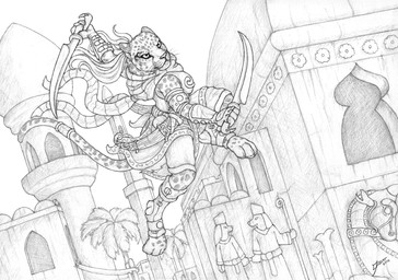 accessory anthro arabian arch armband armor attack biped bracers building city clothing eyeshadow female flower fur furgonomics hat headgear headwear jumping makeup markings melee_weapon middle_eastern_architecture minaret palm_tree plant robe rock sash scabbard scarf solo spots spotted_body spotted_fur staff stone_carving stone_work stripes tail tail_accessory tailband tower tree weapon whiskers simul felid leopard mammal pantherine 2012 monochrome sketch