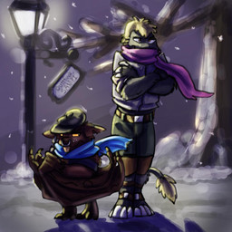 anthro backlighting clothing crossed_arms detailed_background duo ear_piercing ear_ring facial_piercing frown furgonomic_piercing furgonomics grumpy hat headgear headwear light male nose_piercing nose_ring piercing plant ring_piercing scarf scowl slim snow street_lamp tree winter crossroadspony raemyshu rvb_revolution agent_washington andee_(rvb_revolution) bat chupadore mammal 1:1 hi_res lighting