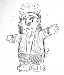 anthro chibi clothing dot_eyes electronics eyebrows headphones headphones_around_neck jacket kerchief male mascot_costume simple_eyes solo text thick_eyebrows topwear 3pdta lifewonders live_a_hero mokdai canid canine canis domestic_dog mammal hi_res japanese_text monochrome sketch