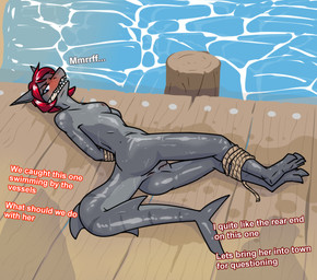 anthro anus areola blush bound breasts butt captured dialogue feet female fingers gag gagged genitals hair hands_behind_back hands_tied hands_tied_behind_back legs_tied lying nude on_back outdoor_nudity outside rope tail teeth text toes vulva water wet ryofox630 aquatic fish shark digital_media_(artwork) english_text