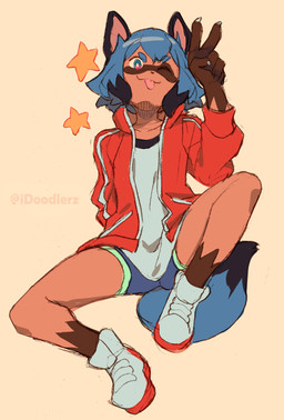 anthro black_body black_fur black_hair blue_body blue_eyes blue_fur blue_hair bottomwear brown_body brown_fur clothed clothing female fluffy fluffy_tail footwear fur gesture hair hand_gesture jacket looking_at_viewer multicolored_body multicolored_fur multicolored_hair one_eye_closed open_clothing open_jacket open_topwear shoes shorts solo star tail tongue tongue_out topwear v_sign wings wink conditional_dnp irootie brand_new_animal studio_trigger michiru_kagemori canid canine mammal raccoon_dog tanuki 2020 hi_res