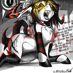 aura bodily_fluids clothing cross crying fangs footwear glowing glowing_eyes hooves horn magic piercing socks solo tears teeth sinnah hasbro my_little_pony demon_pony equid equine horse mammal pony 1:1 hi_res