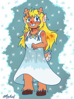 2_toes anthro antlers bell blonde_hair bow_ribbon buckteeth clothing cloven_hooves dress feet female freckled_face freckled_shoulders freckles hair hooves horn long_hair nervous red_nose snowflake solo tail tail_tuft teeth toes tuft psykwol deltarune undertale_(series) noelle_holiday deer mammal 3:4 absurd_res hi_res