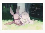 anthro cuddling duo electronics fur headphones horn pink_body pink_fur scarf sleeping white_body white_fur mkz_kabeuchi bandai_namco digimon cutemon digimon_(species) lagomorph leporid mammal rabbit terriermon 4:3 digital_media_(artwork) hi_res