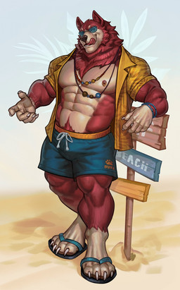 aloha_shirt anthro clothed clothing footwear fur jewelry male muscular muscular_anthro muscular_male necklace nipple_piercing nipples open_clothing open_shirt open_topwear pattern_clothing pattern_shirt pattern_topwear piercing red_body sandals shirt shoes solo swimming_trunks swimwear topwear edvardiko canid canine canis mammal wolf absurd_res hi_res