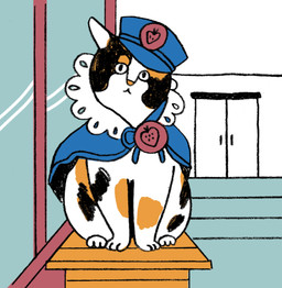ambiguous_gender badge calico_pattern cape clothing feral hat headgear headwear inside kepi regalia sitting solo uniform wearing_cape wearing_hat alabaster_pizzo wakayama_electric_railway_co_ltd honorary_eternal_stationmaster_tama calico_cat deity domestic_cat felid feline felis mammal 2017 hi_res female_(lore)