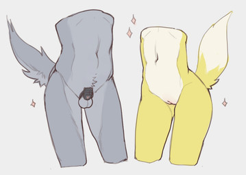 anthro chastity_cage chastity_cage_only chastity_device chastity_device_only countershade_tail countershade_torso countershading duo faceless_character female fluffy fluffy_tail fur grey_body grey_fur heart_symbol male midriff nude nude_anthro nude_female nude_male sparkles squean tail wearing_chastity_cage wearing_chastity_device yellow_body yellow_fur syn-6 ambiguous_species