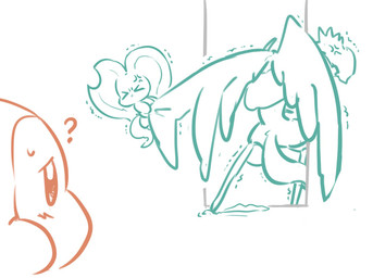 >_< annoyed anthro antlers big_ears biped bipedal_feral bodily_fluids chest_tuft confusion cross-popping_vein digitigrade eyes_closed feral fluffy fluffy_tail fur group head_wings horn huge_wings looking_at_another mouthless neck_tuft notched_ear pulling_another question_mark semi-anthro simple_background size_difference sweat sweatdrop tail teal_body teal_fur trio tuft unusual_wing_placement white_background wings 0olqplo0 kirby_(series) kirby_and_the_forgotten_land nintendo elfilin fecto_elfilis alien chinchillid mammal rodent starling_(kirby) waddle_dee waddling_head digital_drawing_(artwork) digital_media_(artwork) male_(lore)