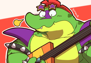 anthro barazoku bass_guitar biceps big_muscles big_pecs black_eyes blush bodypaint bracelet breath close-up clothed clothing eyewear eyewear_on_head face_paint green_body green_nose green_skin guitar guitar_pick holding_guitar holding_musical_instrument holding_object jewelry looking_down male manly multicolored_body multicolored_skin muscular musical_instrument o_o pecs plucked_string_instrument pupils red_background rockstar sharp_teeth shoulder_guards simple_background small_pupils solo spiked_bracelet spikes star star_eyewear star_polygon star_sunglasses string_instrument sunglasses sunglasses_on_head teeth thick_neck topless topless_anthro topless_male triceps white_background wide_eyed yellow_body yellow_skin strauburi five_nights_at_freddy's five_nights_at_freddy's:_security_breach scottgames steel_wool_studios montgomery_gator alligator alligatorid crocodilian reptile scalie 2021 half-length_portrait hi_res portrait