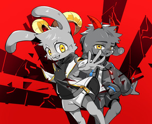 5_fingers anthro bottomwear clothed clothing curved_horn duo fingers fur grey_body grey_fur hair hoodie horn jacket long_ears male open_mouth pose red_background shirt simple_background topwear white_bottomwear white_clothing white_jacket white_topwear yellow_eyes amagoi_kumori bolgogi neroi bovid caprine goat mammal digital_media_(artwork) hi_res monochrome brother_(lore) sibling_(lore)