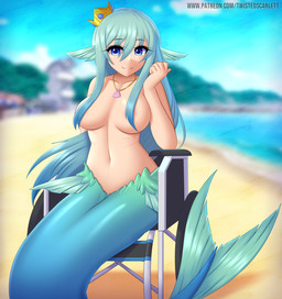 beach blue_eyes blurred_background breasts crown disability exhibitionism eyebrows eyelashes female fingers hair headgear long_hair looking_at_viewer monster_girl_(genre) navel nude outdoor_nudity outside seaside shadow sitting smile solo split_form text vehicle wheelchair twistedscarlett60 monster_girl_1000 chloe_(monster_girl_1000) aquatic humanoid merfolk 2021 digital_media_(artwork) hi_res url