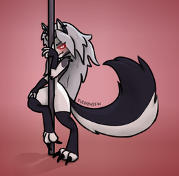 anthro arm_warmers armwear big_feet big_tail blush bright_eyes claws clothing collar dancing ear_piercing feet female fur grey_body grey_fur grey_hair hair handwear leggings legwear long_ears looking_at_viewer nude paws piercing pole pole_dancing red_eyes red_sclera simple_background smile smiling_at_viewer solo spiked_collar spikes stripper_pole tail tights white_body eledensfw hellaverse helluva_boss mythology loona_(helluva_boss) canid canid_demon canine demon hellhound mammal mythological_canine mythological_creature digital_media_(artwork)