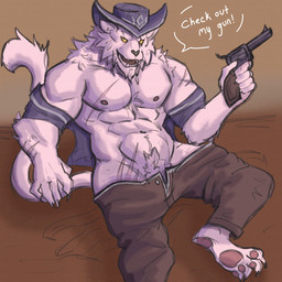 anthro barazoku biceps breasts cowboy gun handgun male muscular muscular_male nipples pawpads pecs pubes ranged_weapon revolver scar solo teasing text weapon durgewoof league_of_legends riot_games tencent rengar_(lol) felid feline lion mammal pantherine tiger 1:1 absurd_res english_text hi_res