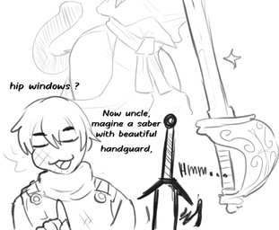 female group imagination male speech_bubble text weapon japversus darkflame_blade_of_the_demon_king_(japversus) ounce_(japversus) wiss_(japversus) animal_humanoid cat_humanoid felid felid_humanoid feline feline_humanoid human humanoid mammal mammal_humanoid absurd_res hi_res monochrome