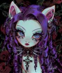 alternative_fashion blue_eyes blue_eyeshadow collar cross cross_necklace curly_hair drill_curls ear_piercing ear_ring eyeshadow female feral flower fur goth hair jewelry lipstick long_hair makeup necklace piercing plant purple_hair red_lipstick ring_piercing rose_(flower) solo spiked_collar spikes white_body white_fur p0nyplanet friendship_is_magic hasbro my_little_pony rarity_(mlp) equid equine horse mammal pony digital_media_(artwork) digital_painting_(artwork) hi_res painting_(artwork) watermark