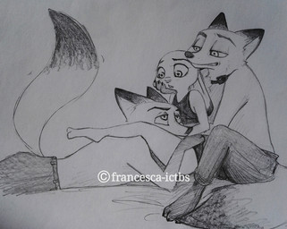 anthro clone clothed clothing collar cuddling female grey_background group looking_down looking_up lying male on_front shock_collar simple_background sitting smile topless francesca-ictbs francesca-ictbs_(artist) disney zootopia judy_hopps nick_wilde canid canine fox lagomorph leporid mammal rabbit red_fox true_fox 2017 greyscale monochrome