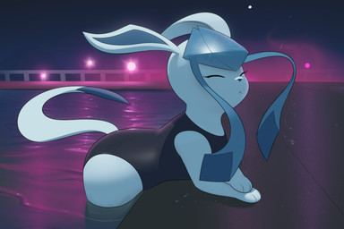 3_toes blue_body butt clothed clothed_feral clothing eyewear feet female feral frown fur legs_in_water night one-piece_swimsuit outside partially_submerged poolside solo standing submerged_legs swimming_pool swimwear toes water inkune nintendo pokemon canid eeveelution generation_4_pokemon glaceon mammal pokemon_(species) 3:2 digital_media_(artwork) hi_res