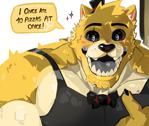 anthro apron black_sclera bow_tie clothing dialogue fur grey_eyes hat headgear headwear male muscular muscular_male open_mouth pecs sharp_teeth solo teeth text top_hat yellow_body yellow_fur drgizmo five_nights_at_freddy's scottgames golden_freddy_(fnaf) bear mammal