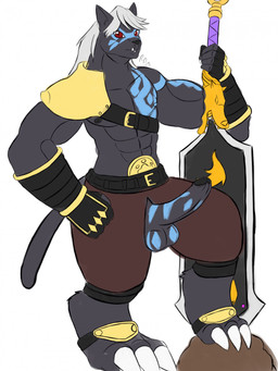 abs anthro armor balls black_body black_fur erection fur genitals greatsword hair male melee_weapon muscular muscular_anthro muscular_male nipples paddle_sword pauldron pecs penis red_eyes solo sword weapon white_hair dragonartw_(artist) bandai_namco digimon digimon_beatbreak digimon_(species) murasamemon hi_res