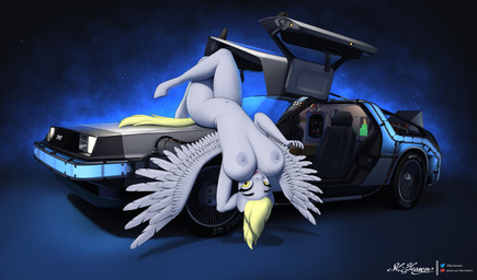 anthro big_breasts bite biting_lip blonde_hair breasts crossed_legs derp_eyes dmc_delorean eyebrows female flux_capacitor grey_body hair hooves nipples on_car pose solo spread_wings tail text upside_down wings yellow_eyes yellow_tail clearvision delorean friendship_is_magic hasbro my_little_pony mythology derpy_hooves_(mlp) equid equine mammal mythological_creature mythological_equine pegasus absurd_res hi_res url