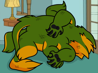 anthro fur green_body green_fur humor lying male meme_pose multi_arm multi_limb multicolored_body on_front solo stairs unknown_artist family_guy family_guy_death_pose gemini_the_sergal sergal digital_drawing_(artwork) digital_media_(artwork) draw_over meme source_request