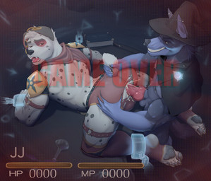 anal anal_penetration animal_genitalia animal_penis anthro anthro_on_anthro anthro_penetrated anthro_penetrating anthro_penetrating_anthro balls barbell_piercing black_spots blue_body blue_fur bodily_fluids bottomwear canine_genitalia canine_penis cape clothing cuff_(restraint) cum cum_in_ass cum_inside cumshot duo ear_piercing ear_ring ejaculation erection fur game_over gameplay_mechanics gauged_ear genital_fluids genitals grey_pawpads gui half-closed_eyes hat headgear headwear health_bar knot looking_pleasured male male/male male_penetrated male_penetrating male_penetrating_male markings narrowed_eyes nipple_barbell nipple_piercing nipples orgasm pawpads paws penetration penile penile_penetration penis penis_in_ass piercing restraints ring_piercing sex shackles shorts smile smirk smug smug_face smug_grin spots spotted_body spotted_fur spotted_markings text torn_bottomwear torn_clothing torn_shorts white_body white_fur wizard_hat petrisa nintendo pokemon jj_(zarif) canid canine canis dalmatian domestic_dog hyena mammal english_text hi_res