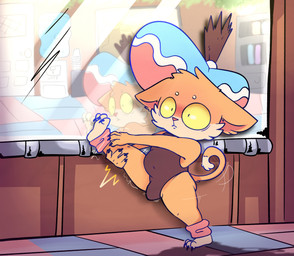 aerobics aerobics_clothing anthro ball_slip belly big_hat black_nails blush bookshelf bulge claws clothing colored_nails detailed_background dipstick_tail door exercise femboy fur furniture gym gym_mat hat headgear headwear inside leg_warmers legwear leotard leotard_peek male markings mirror moobs nails on_one_leg one_leg_up orange_body orange_fur raised_leg reflection side_butt slightly_chubby slightly_chubby_anthro slightly_chubby_male solo standing straining stretching stretching_legs surprised tail tail_markings teapot_(body_type) thick_thighs tight_clothing toe_claws water_cooler workout yellow_sclera young young_anthro salamikii squire_(salamikii) domestic_cat felid feline felis mammal 2022 absurd_res colored digital_drawing_(artwork) digital_media_(artwork) hi_res